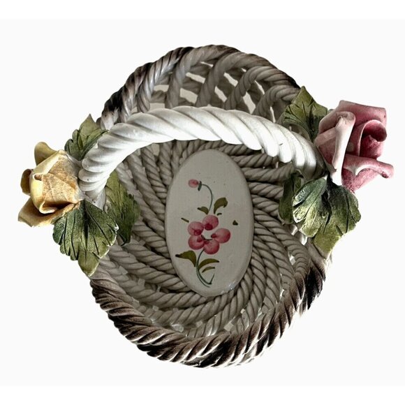 Antique Vintage Capodimonte Porcelain Flower Roses Small Basket - Made in ITALY - Picture 3 of 5